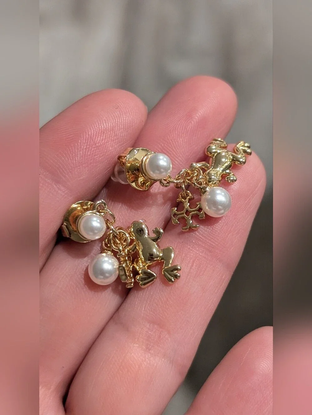 Tory Burch Style Gold-Plated Pearl  Frog Charm Drop Earrings - Used